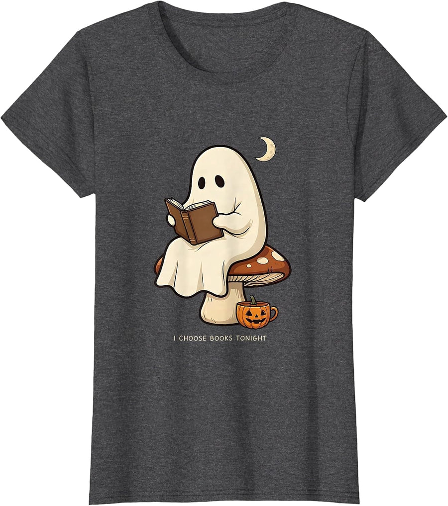 Women's I Choose Books Tonight Cottagecore Bookish Ghost Reading T-Shirt - Dark Heather Grey
