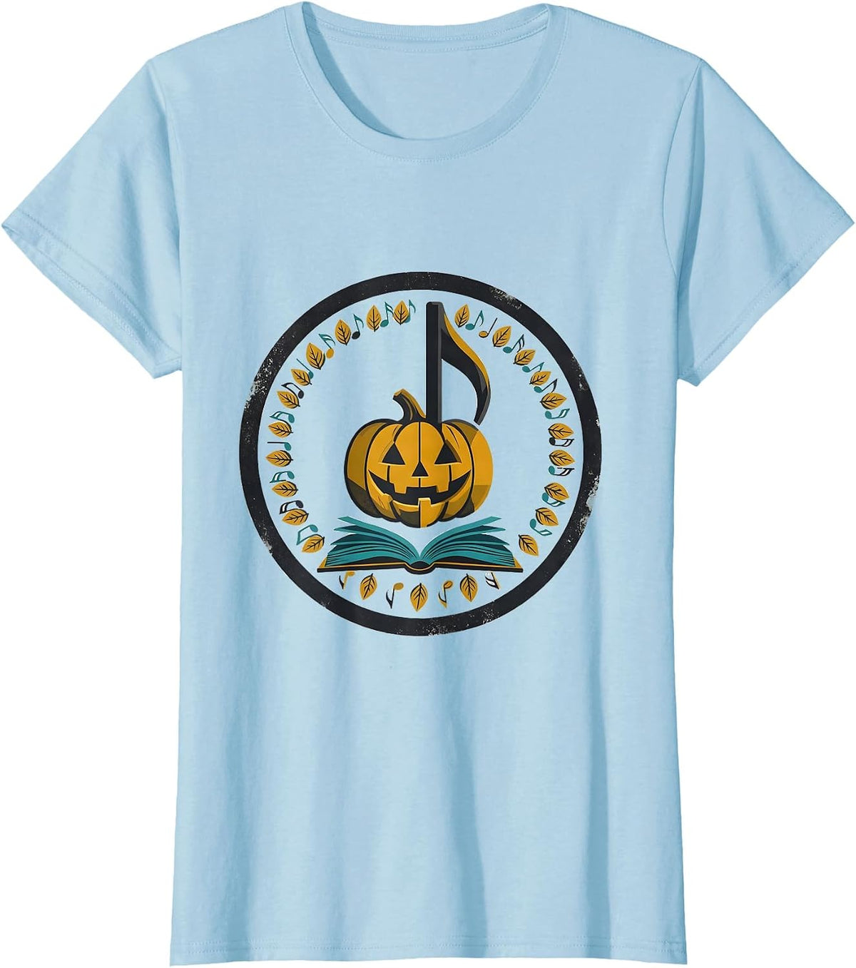 Women's Pumpkin Music Note Teacher Retro Fall Classroom Wear T-Shirt - Baby Blue