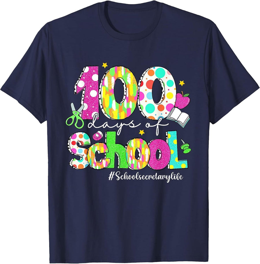 100 Days of School Brushstroke School Secretary Life T-Shirt - Navy Blue
