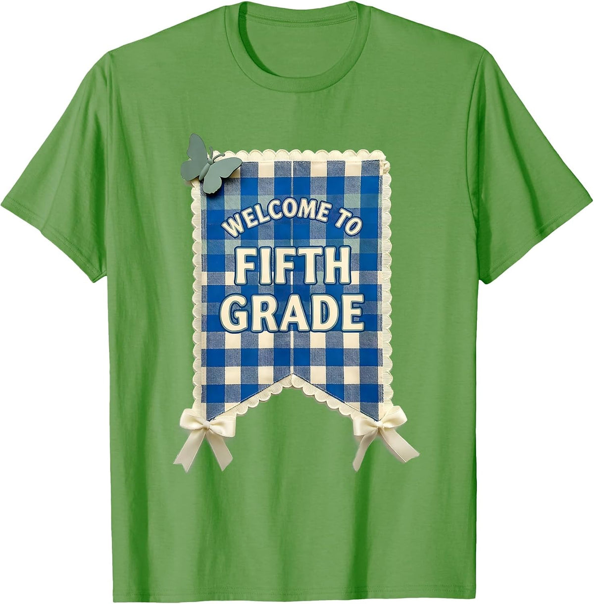 Men's Welcome to Fifth Grade Gingham Picnic Cute Back to School T-Shirt - Grass Green