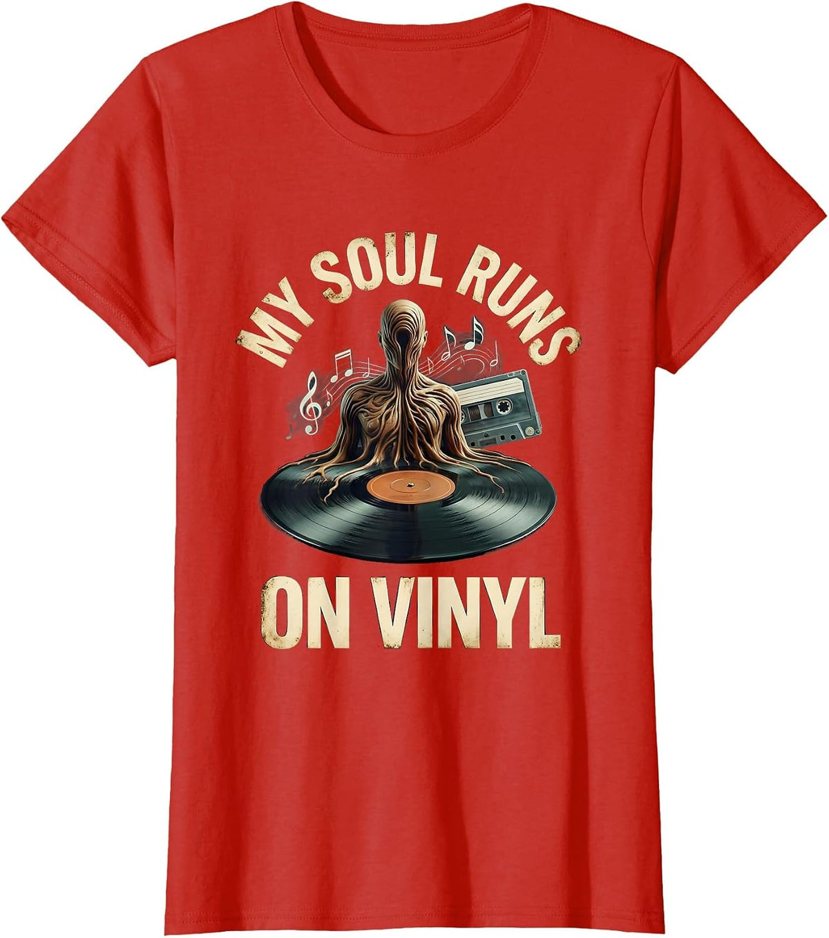 My Soul Runs on Vinyl Surreal Vinyl Design T-Shirt - Red