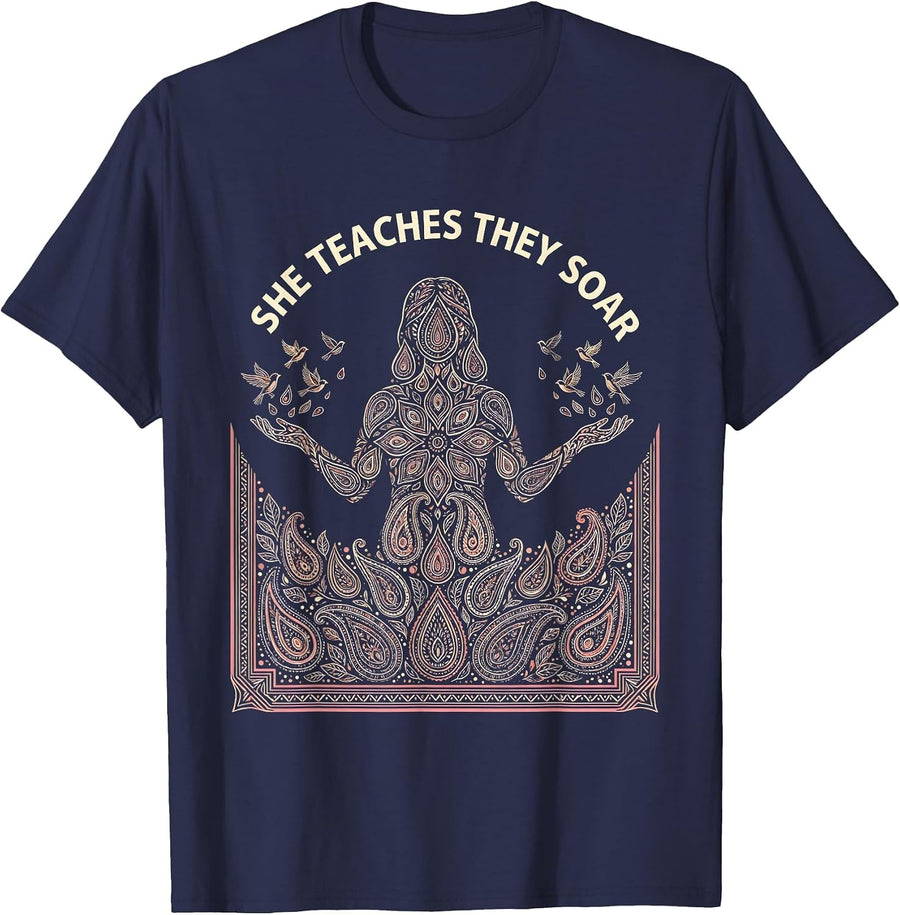 She Teaches They Soar Elementary Teacher Design T-Shirt - Navy Blue