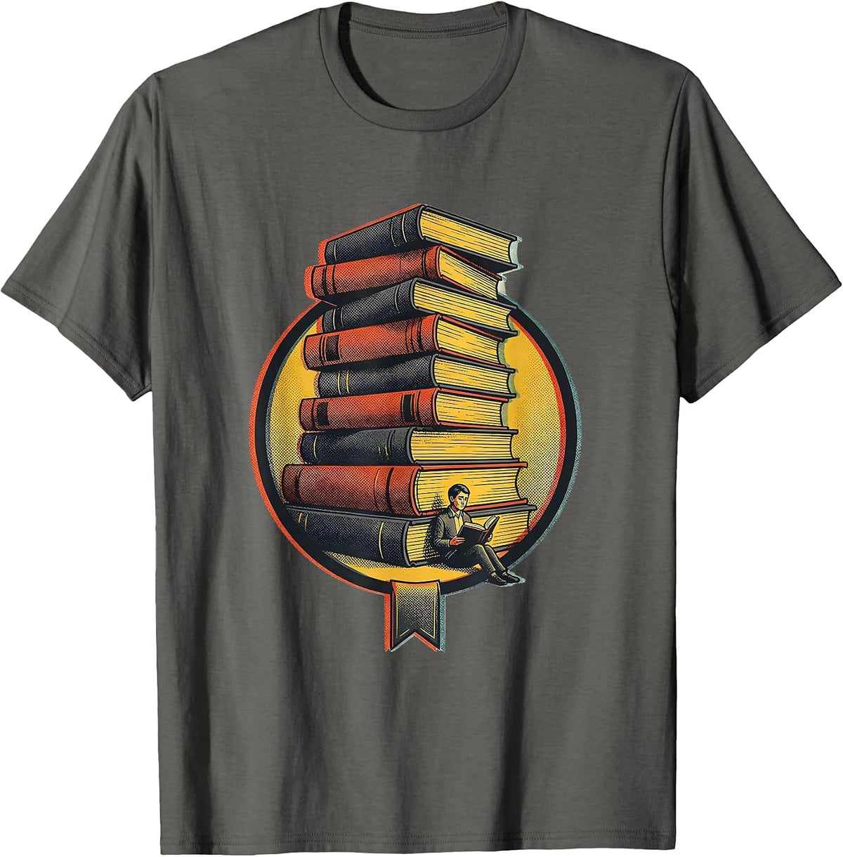 Men's Book Tower Reader Badge Bookworm Librarian Gift T-Shirt - Asphalt Grey