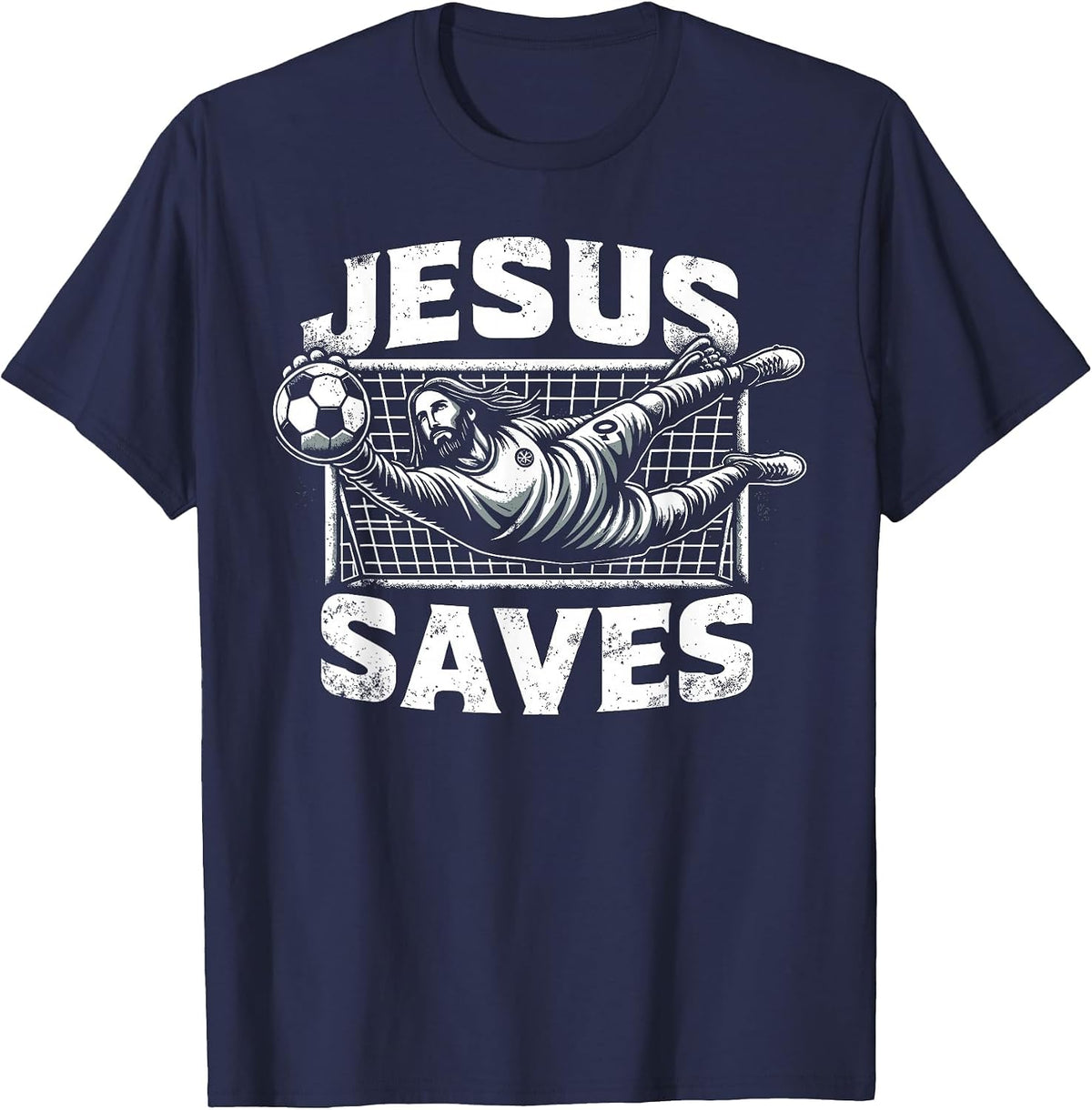 Vintage Jesus Rescues Football Goalkeeper T-Shirt - Navy Blue