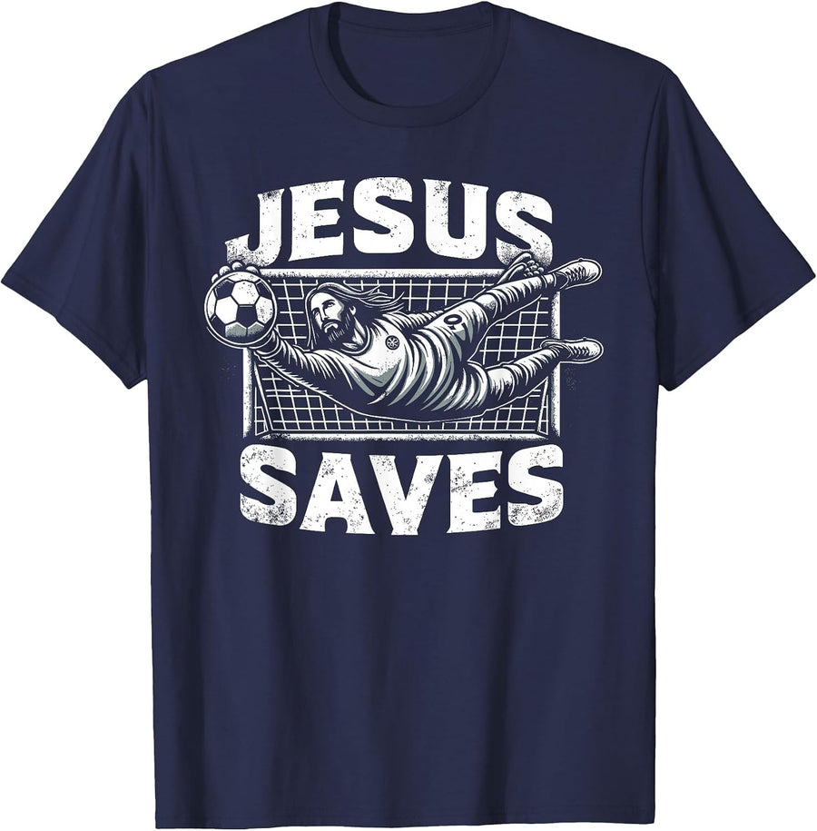 Vintage Jesus Rescues Football Goalkeeper T-Shirt - Navy Blue