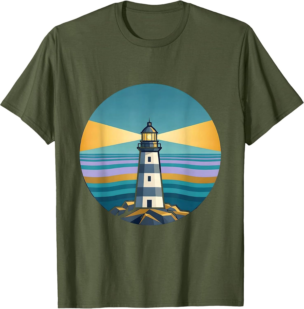 Autism Awareness Lighthouse Night Sea Illustration T-Shirt - Olive Green