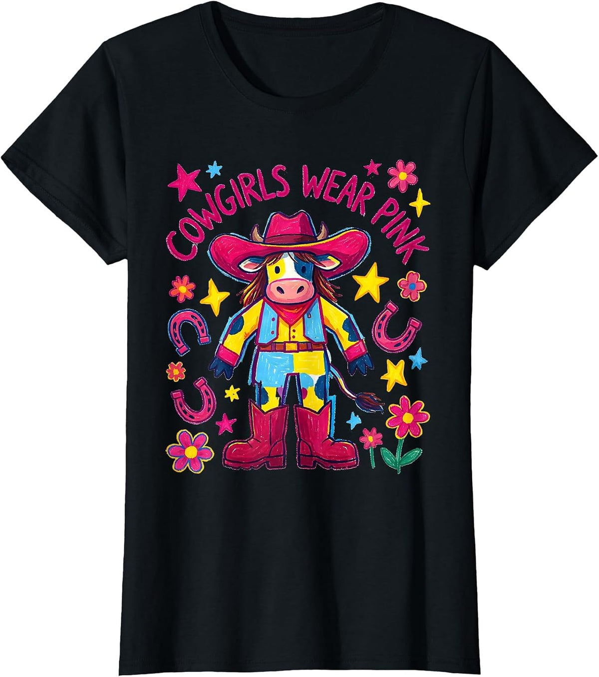 Women's Cowgirls Wear Pink Western Cowgirl Design T-Shirt - Black