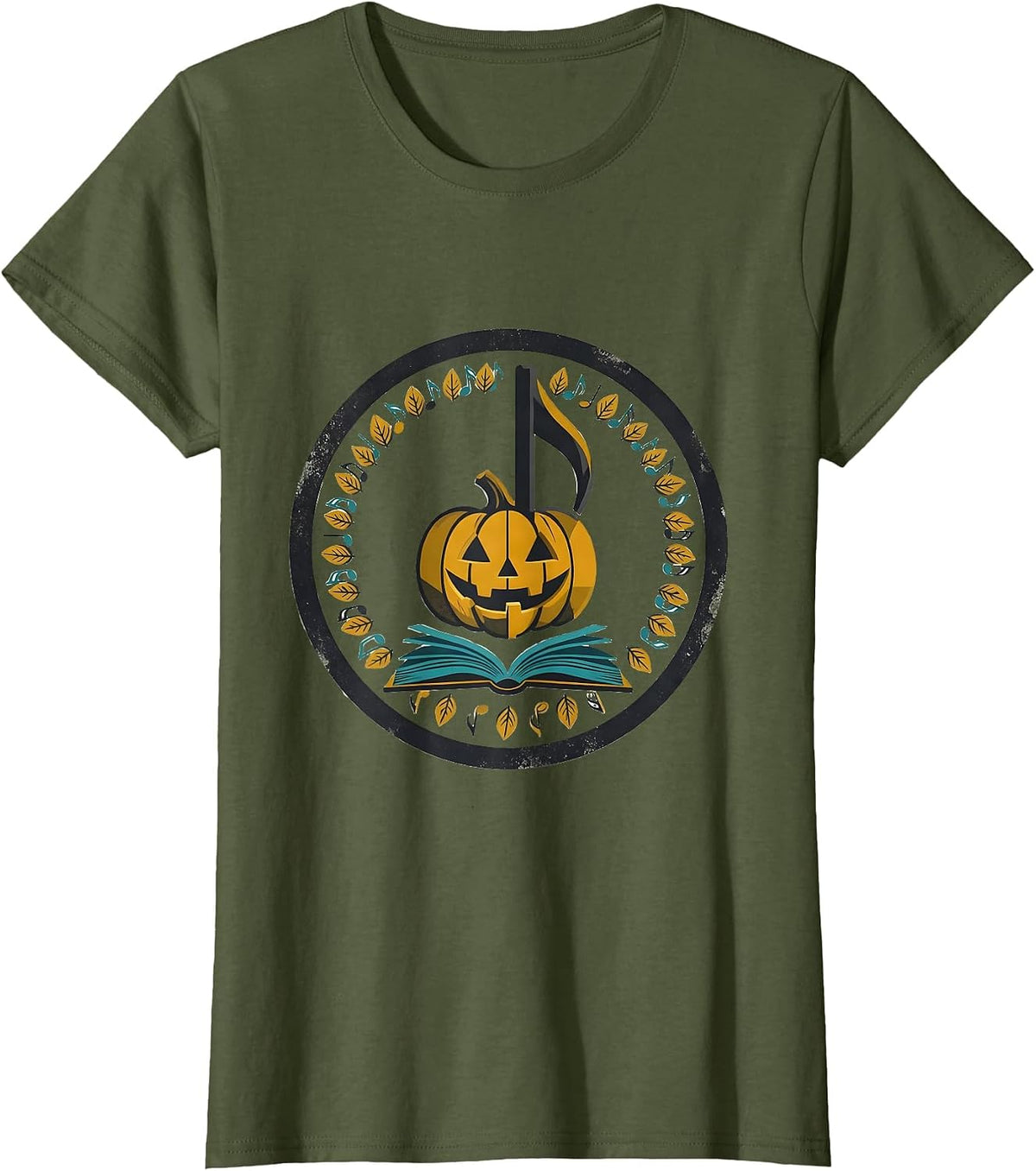 Women's Pumpkin Music Note Teacher Retro Fall Classroom Wear T-Shirt - Olive Green