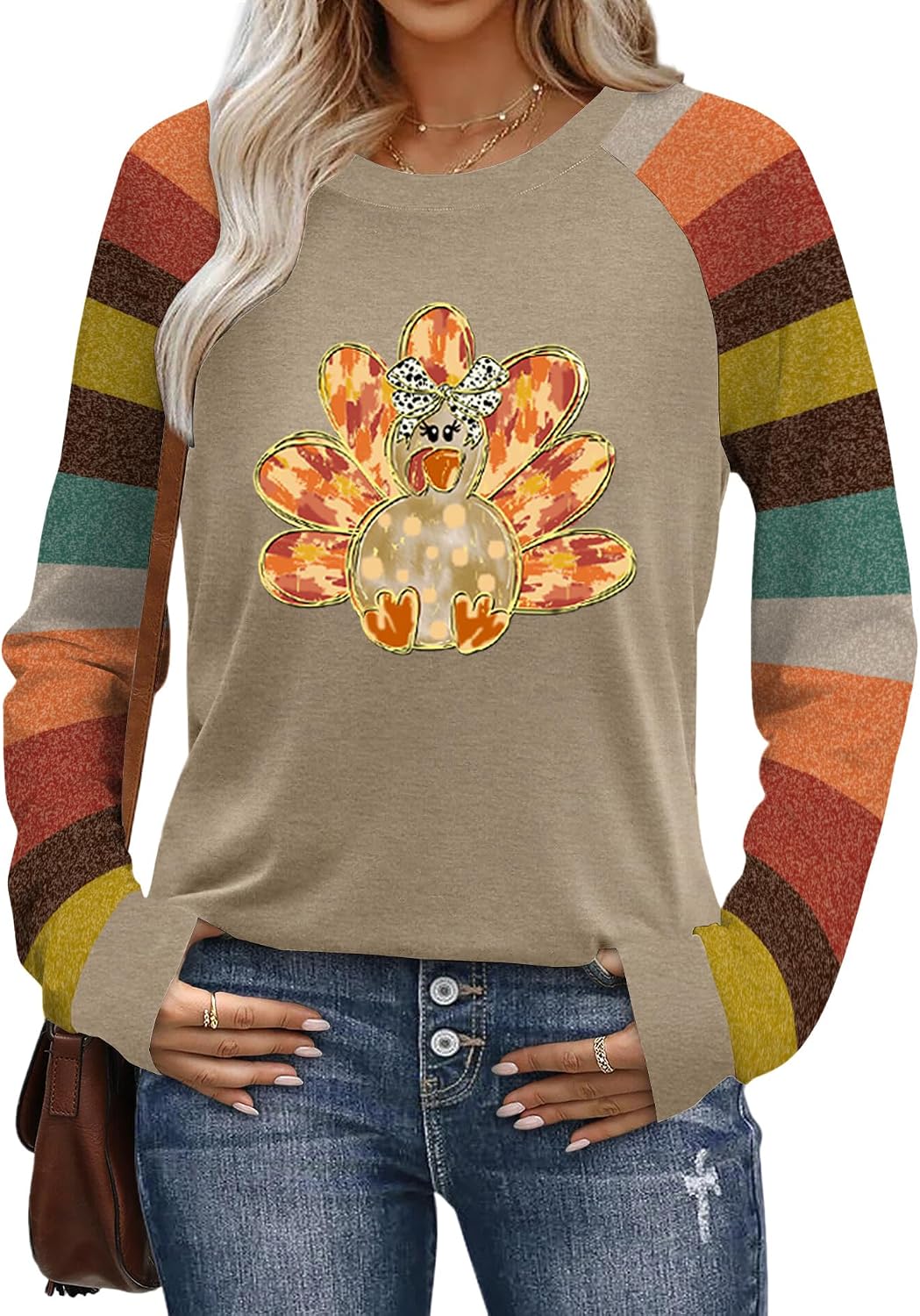 Thanksgiving Shirts for Women Thankful Turkey Graphic Long Sleeve Shirt - Khaki