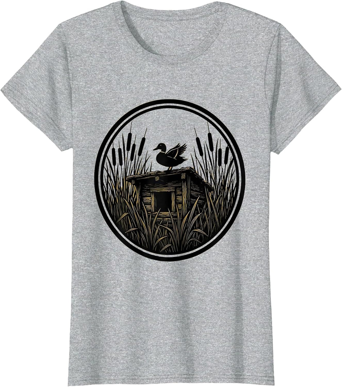 Duck Blind Cattail Reeds Camo Hunting Illustration T-Shirt - Heather Grey