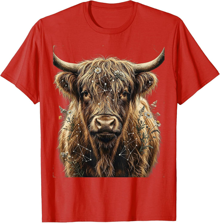 Men's Highland Cow Constellation Celestial Artwork T-Shirt - Red