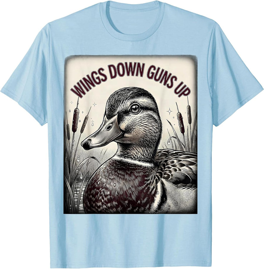 Men's Duck Camo Wings Down Guns Up Hunting Design T-Shirt - Baby Blue
