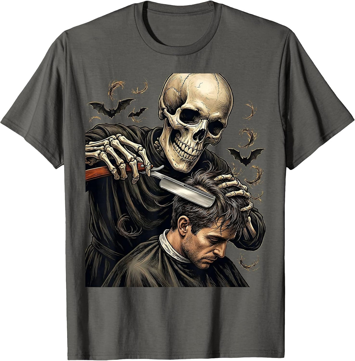 Skeleton Hairstylist Barber Halloween Humor T-Shirt - Asphalt Grey