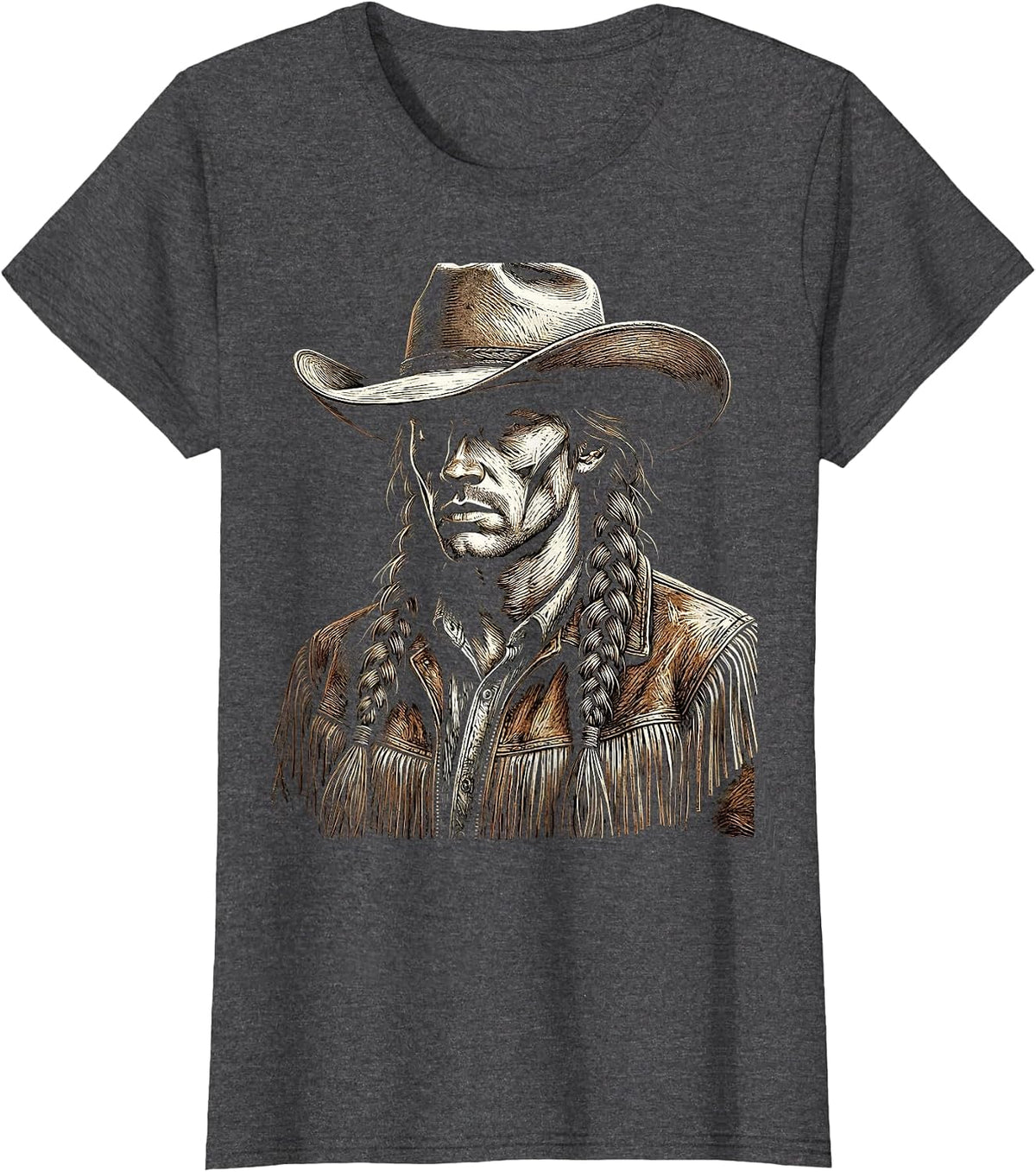 Women's White Cowgirl Braided Hair Fringe Jacket Illustration T-Shirt - Dark Heather Grey