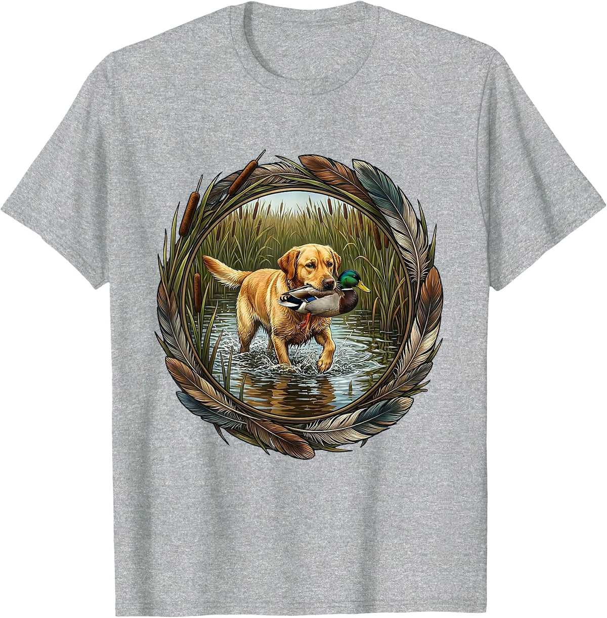 Men's Duck Camo Hunting Dog Retrieving Marsh Scene T-Shirt - Heather Grey
