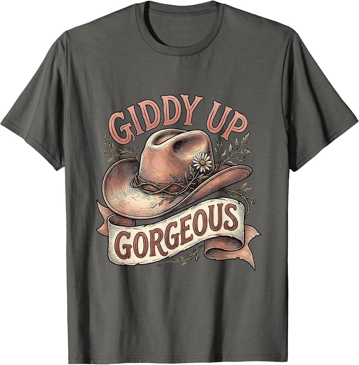 Men's Pink Cowgirl Giddy Up Gorgeous Western Design T-Shirt - Asphalt Grey