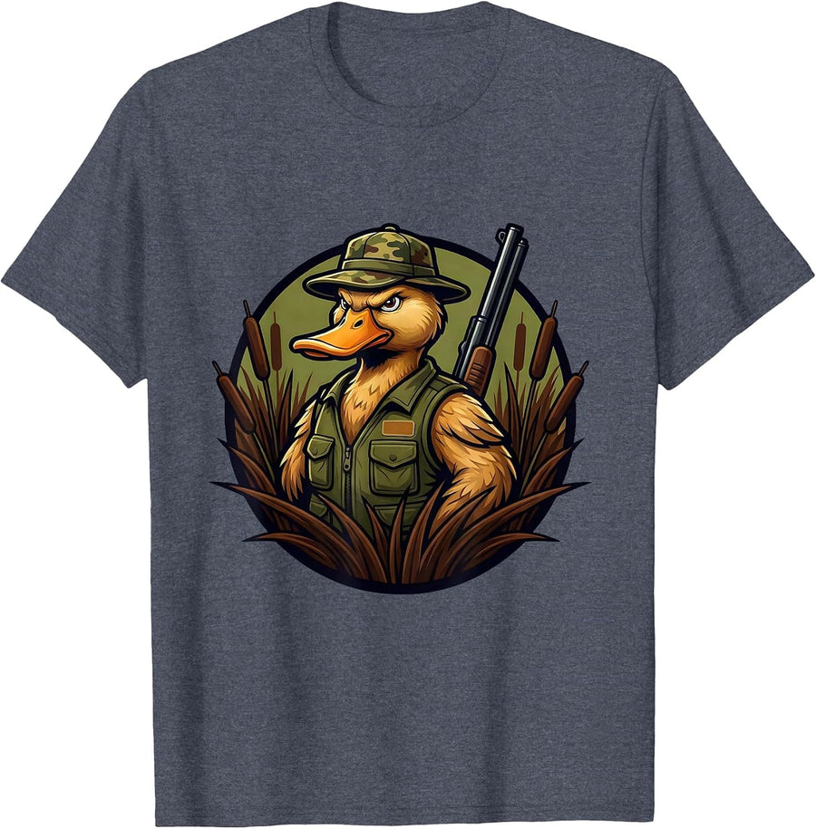 Duck Hunter Wading in Marsh Reeds Illustration T-Shirt - Heather Blue