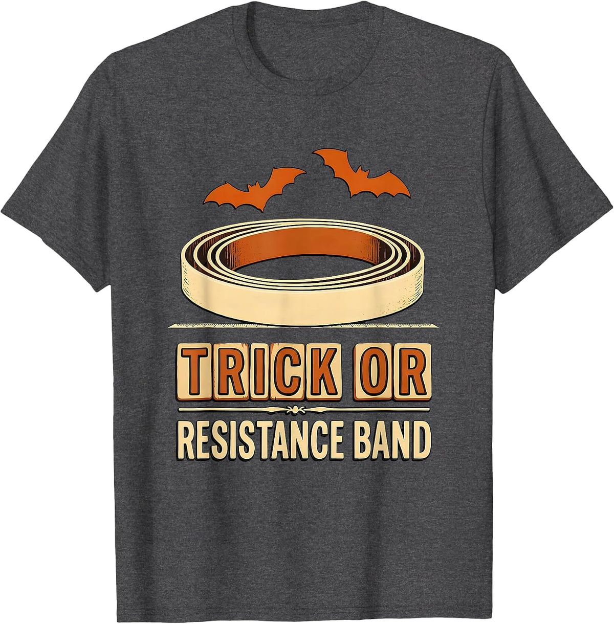 Men's Trick Or Resistance Band Wood Type Halloween OT PT Therapist T-Shirt - Dark Heather Grey