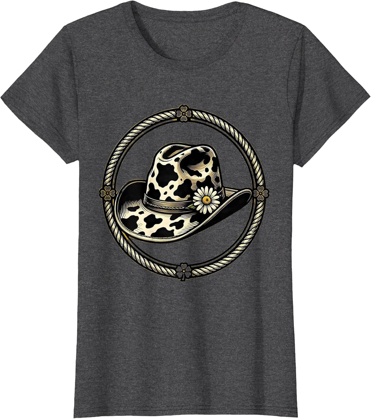 Women's Cow Print Cowboy Hat With Daisy Illustration T-Shirt - Dark Heather Grey