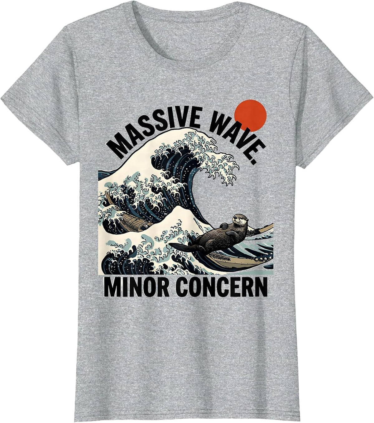 Women's Massive Wave Minor Concern Funny Sea Otter Japanese Art T-Shirt - Heather Grey