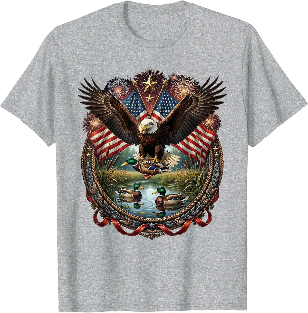 Men's Duck Decoys on Glassy Marsh Water Hunting Camo T-Shirt - Heather Grey