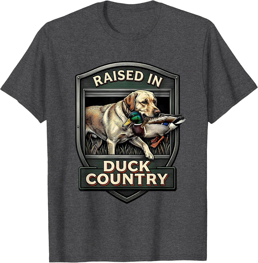 Men's Raised In Duck Country Vintage Hunting Dog Waterfowl Pride T-Shirt - Dark Heather Grey
