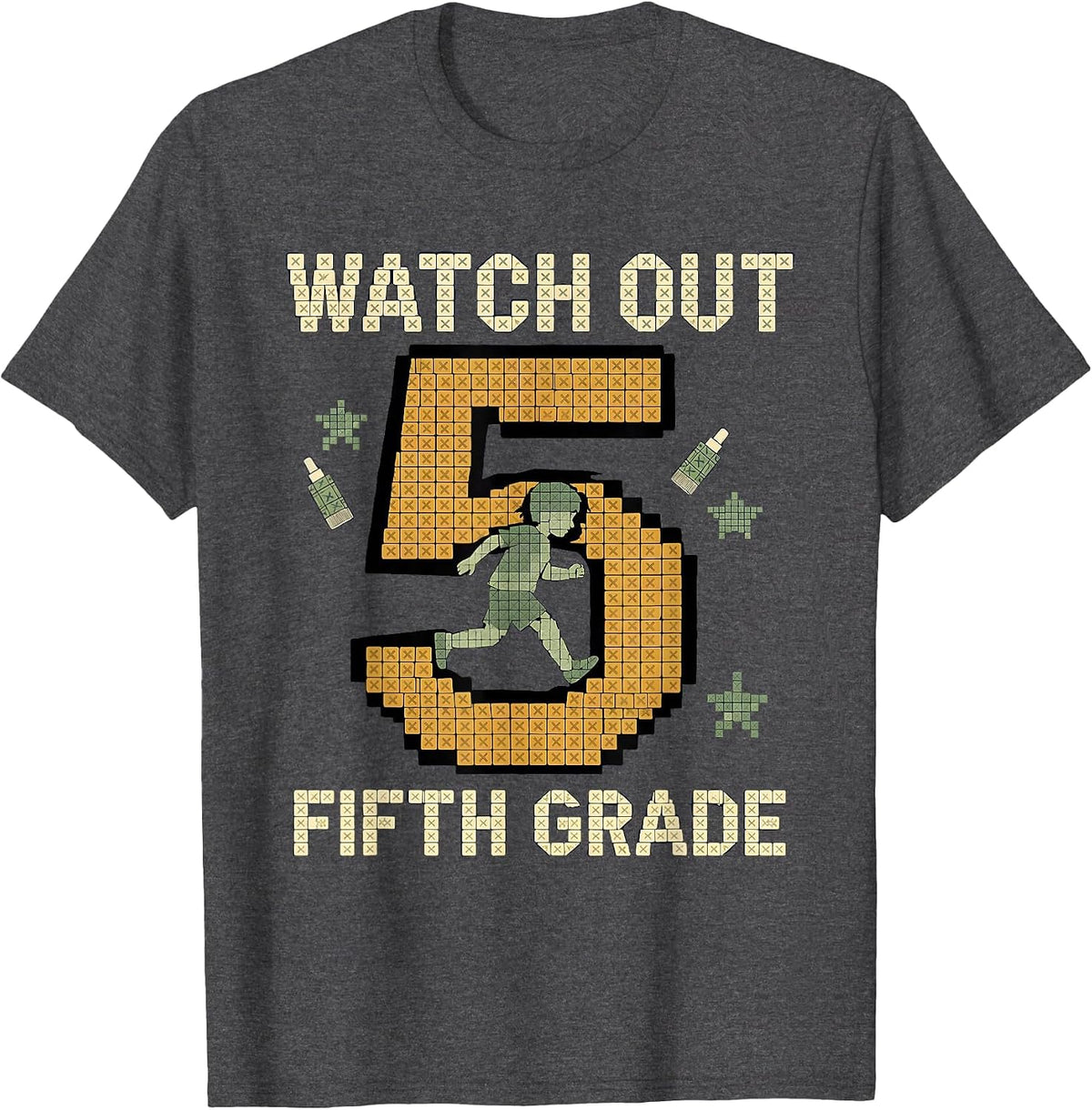 Watch Out, Fifth Grade Cross Stitch Sampler Back to School T-Shirt - Dark Heather Grey