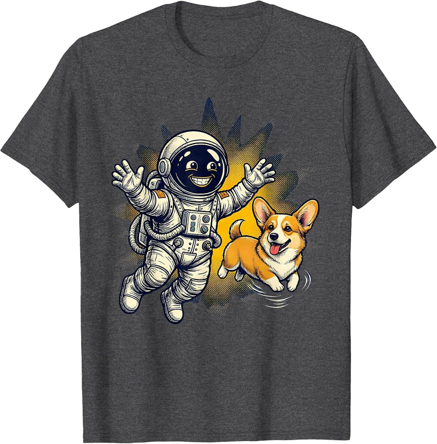 Men's Astronaut Space Corgi Floating Galaxy Dog T-Shirt - Dark Heather Grey