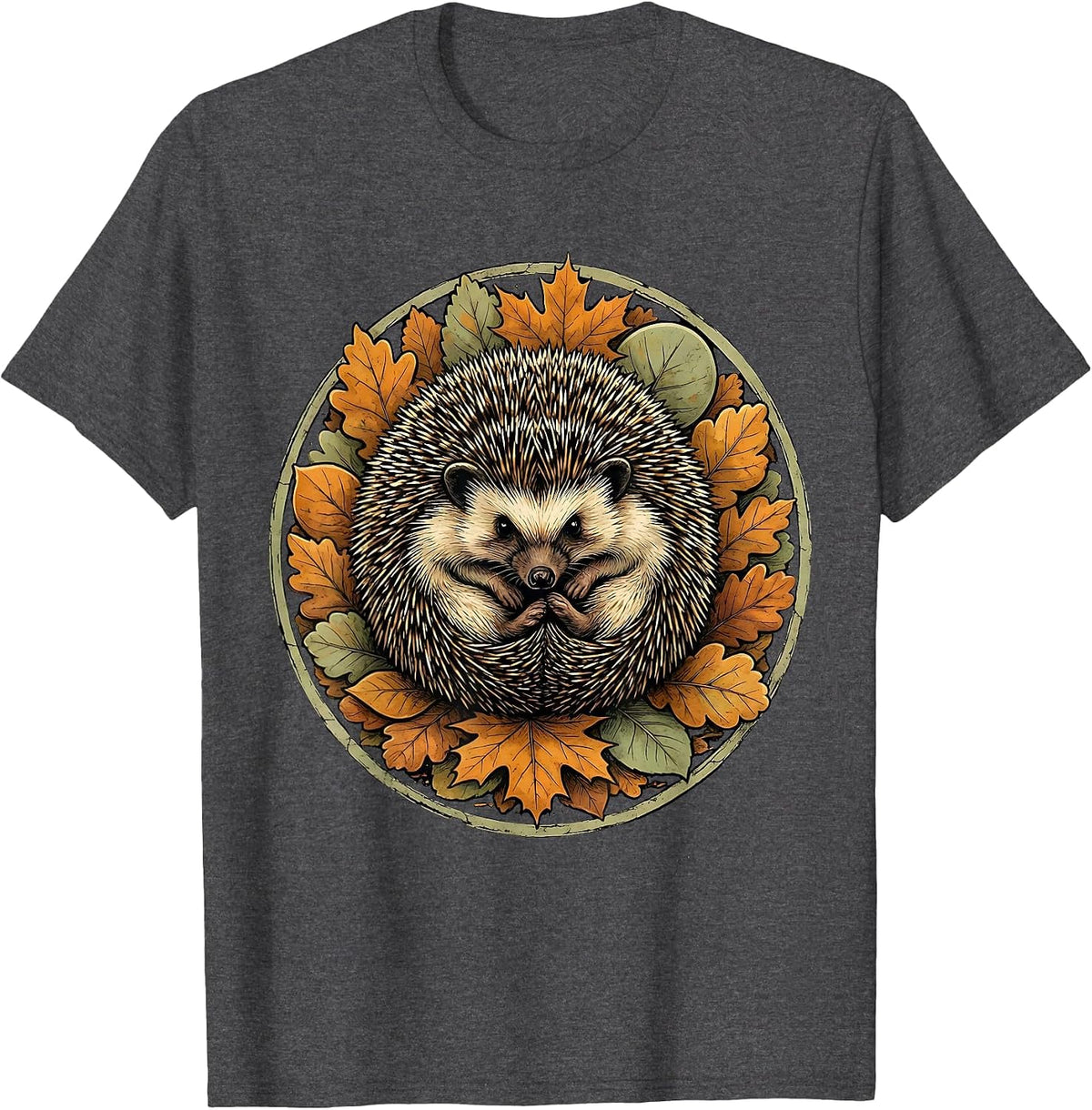 Hedgehog in Autumn Leaves Fall Illustration T-Shirt - Dark Heather Grey