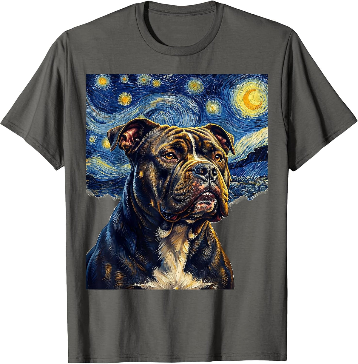 Pitbull Van Gogh Style Starry Night Dog Breed Portrait T-Shirt - Asphalt Grey