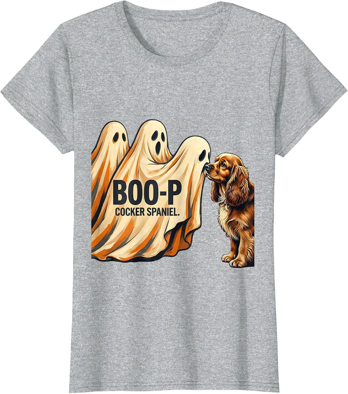Women's Boo-p Cocker Spaniel Cute Ghost Halloween Dog Mom Humor T-Shirt - Heather Grey