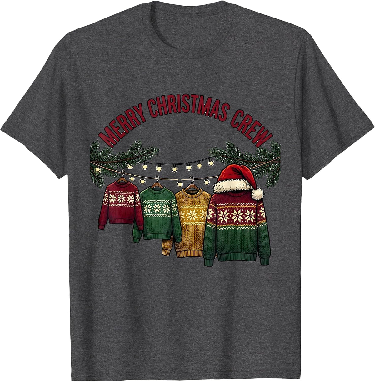 Men's Merry Christmas Crew Festive Family Matching Santa Hat T-Shirt - Dark Heather Grey
