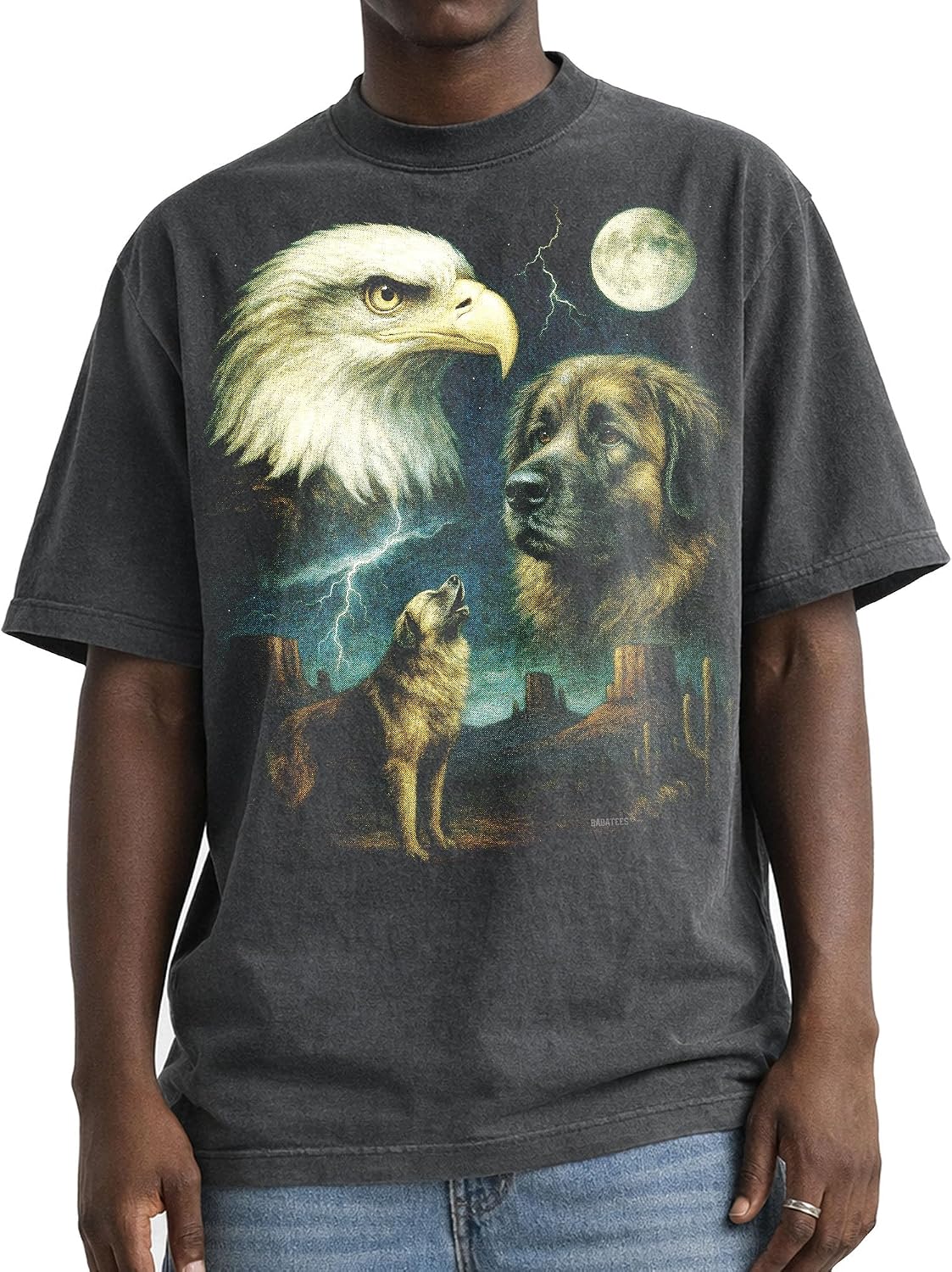Shaka Wear Dog & Bald Eagle Thunder Tshirt - Faded Max-Heavyweight 7.5oz Oversized & Boxy - Leonberger
