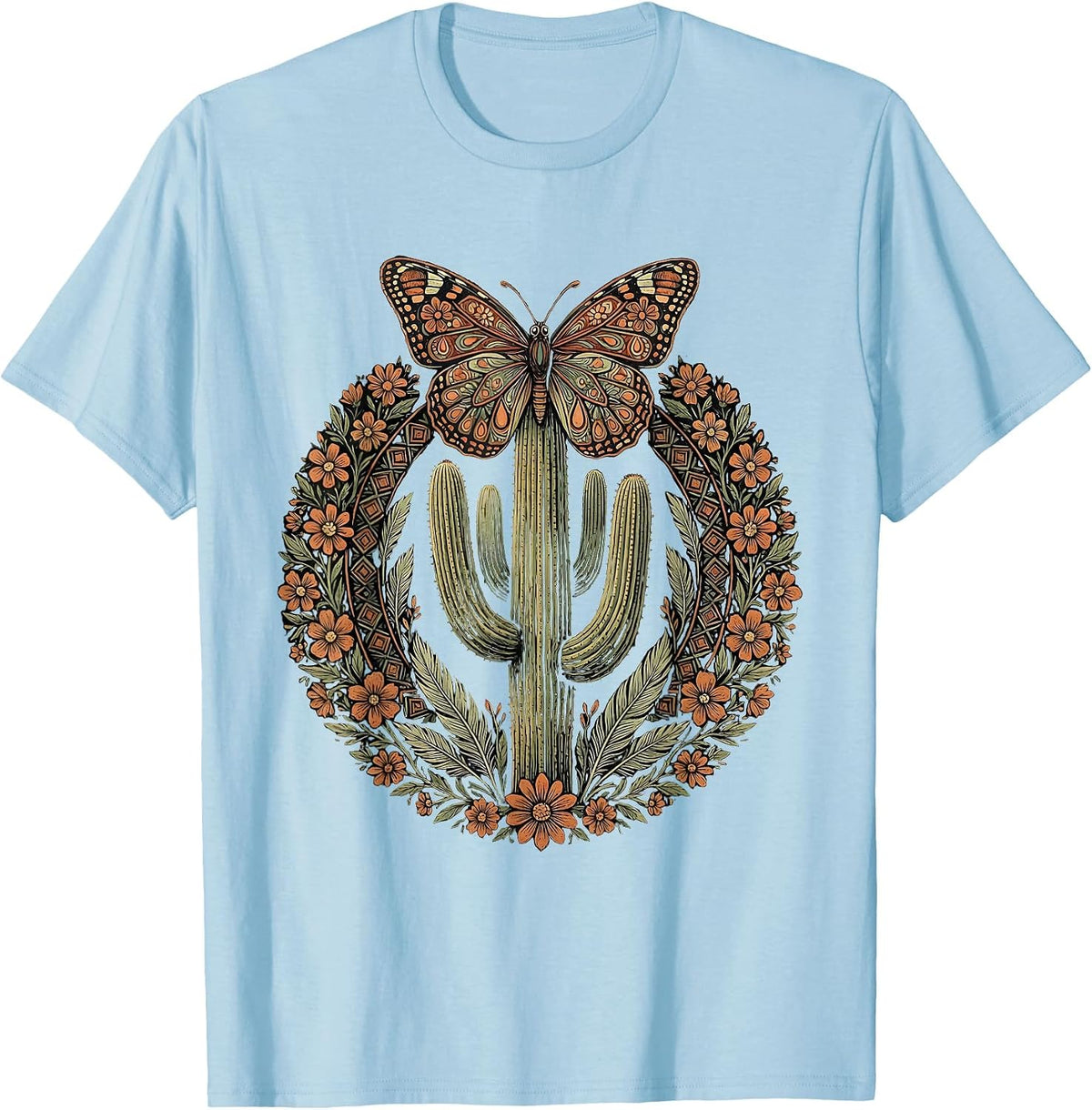 Men's Butterfly on Cactus Spine Western Desert Art T-Shirt - Baby Blue