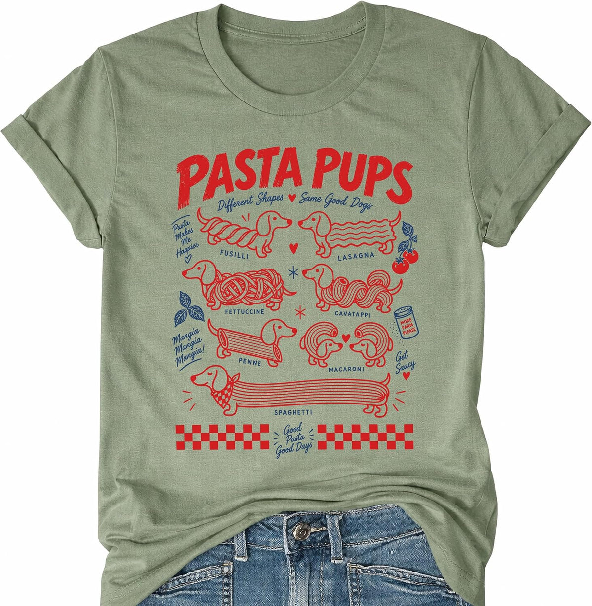 Pasta Pups Shirt Italian Cuisine Dachshund Food Graphic T-Shirts - Green Crewneck