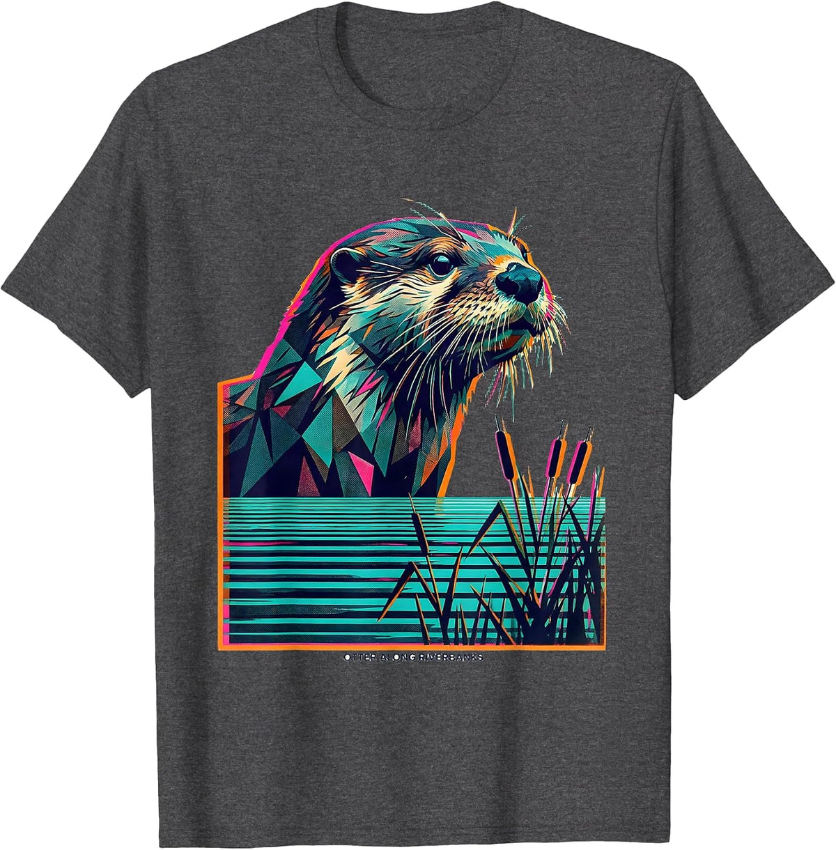 Otter Along Riverbanks Risograph Vintage Wildlife Nature T-Shirt - Dark Heather Grey