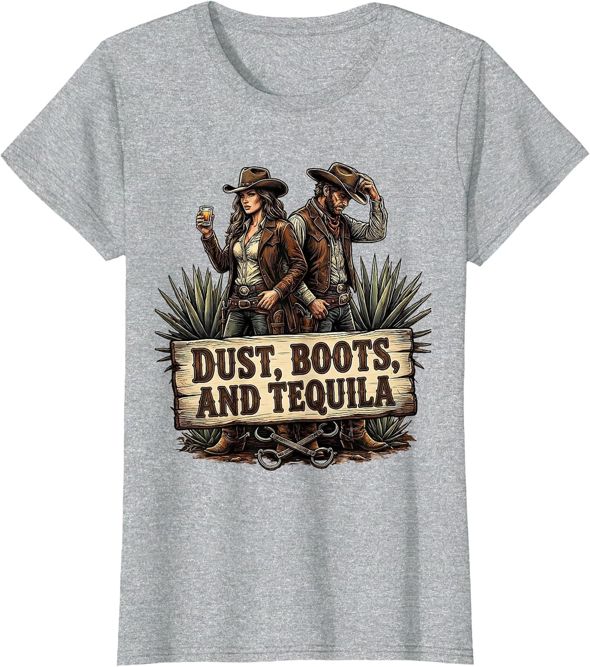Women's Dust Boots and Tequila Cowboy Western Design T-Shirt - Heather Grey