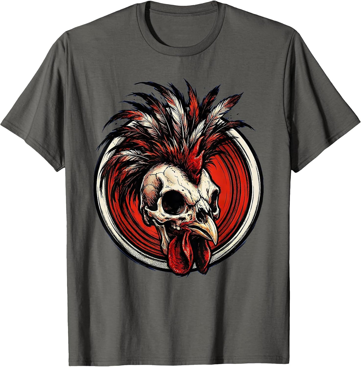 Rooster Skull Feathered Mohawk Dark Art Design T-Shirt - Asphalt Grey