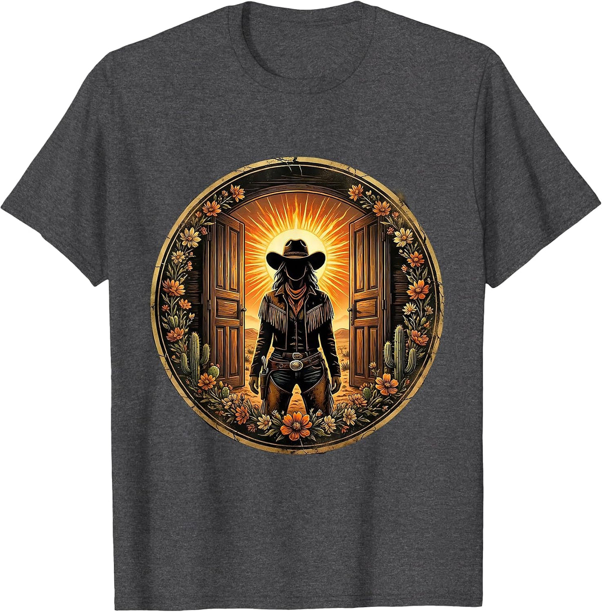 Men's Cowgirl Saloon Doorway Western Noon Illustration T-Shirt - Dark Heather Grey