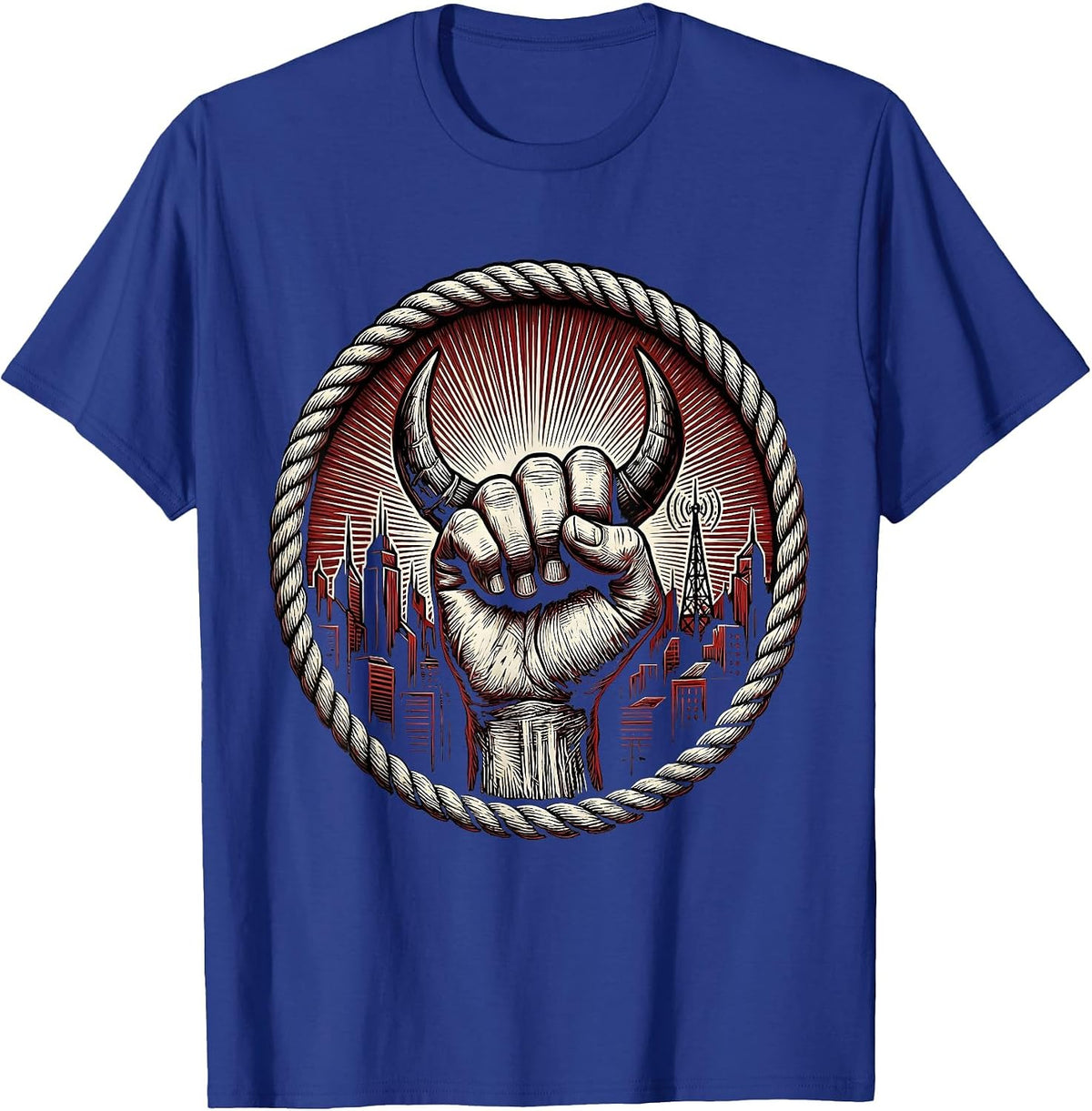 Devil Horns Over City Skyline 80s Rock Graphic T-Shirt - Royal Blue