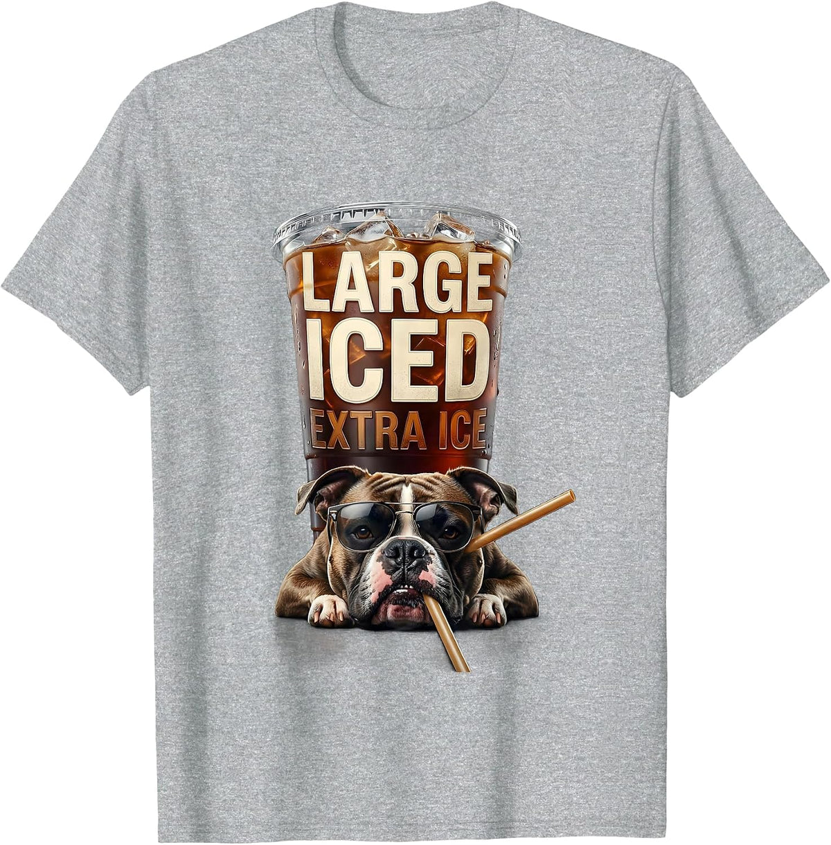 Men's Large Iced Extra Ice Funny Pitbull Drinking Iced Coffee Meme T-Shirt - Heather Grey