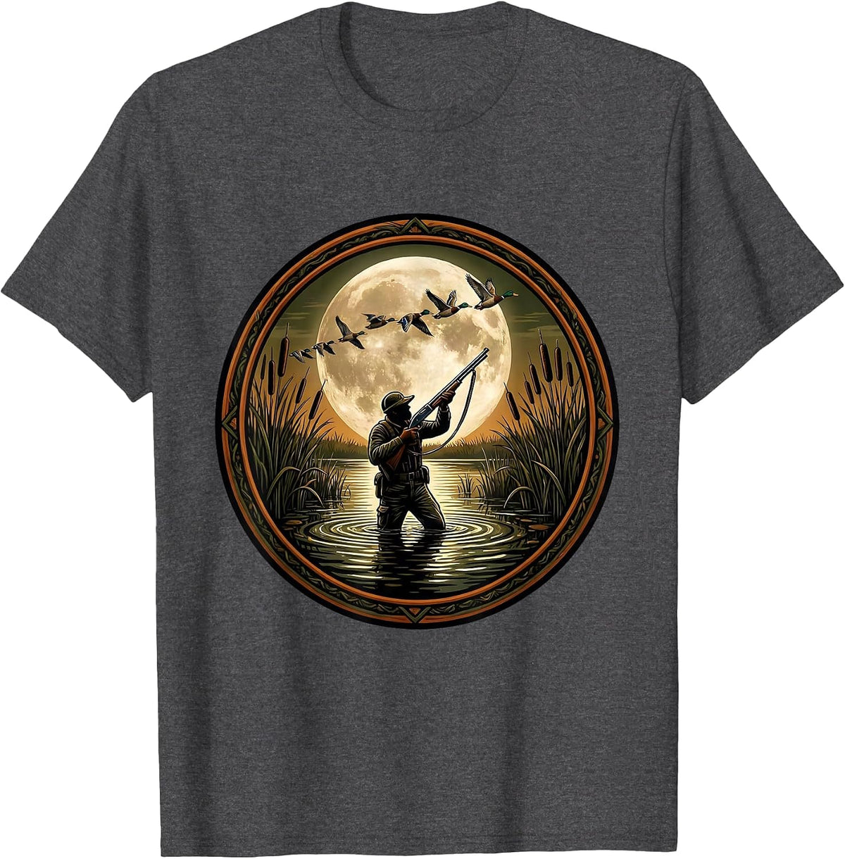 Duck Hunter Silhouette Marsh Reeds Hunting Design T-Shirt - Dark Heather Grey