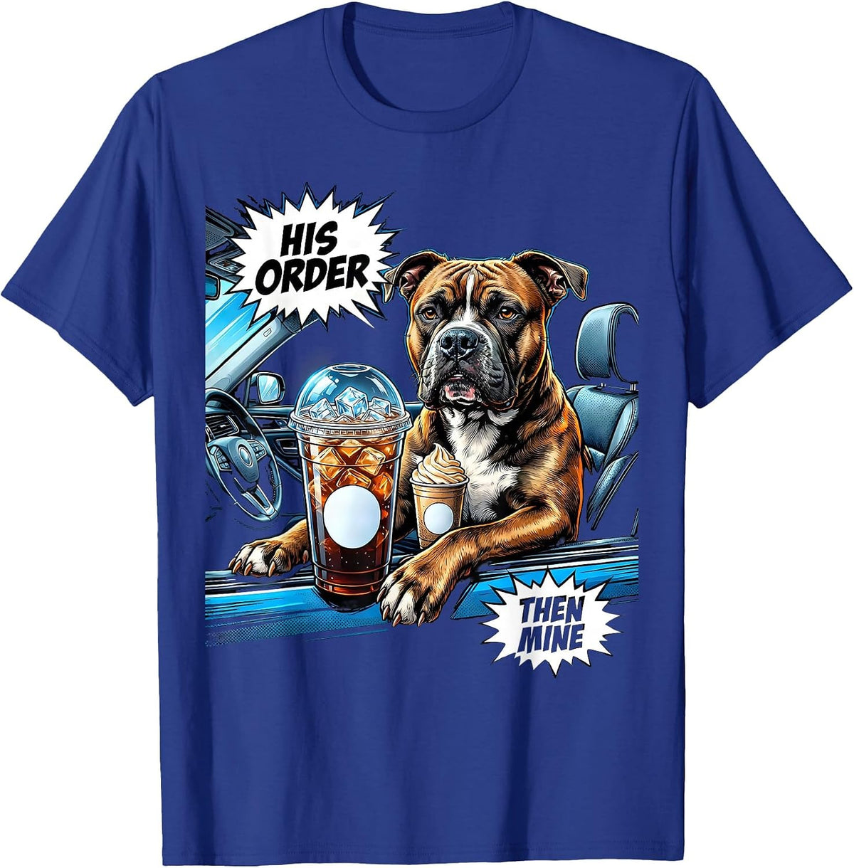 His Order, Then Mine Funny Pitbull Drinking Iced Coffee Meme T-Shirt - Royal Blue