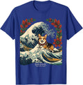 GROVE. Folk Corgi Ukiyo-e Wave Design T-Shirt - Royal Blue