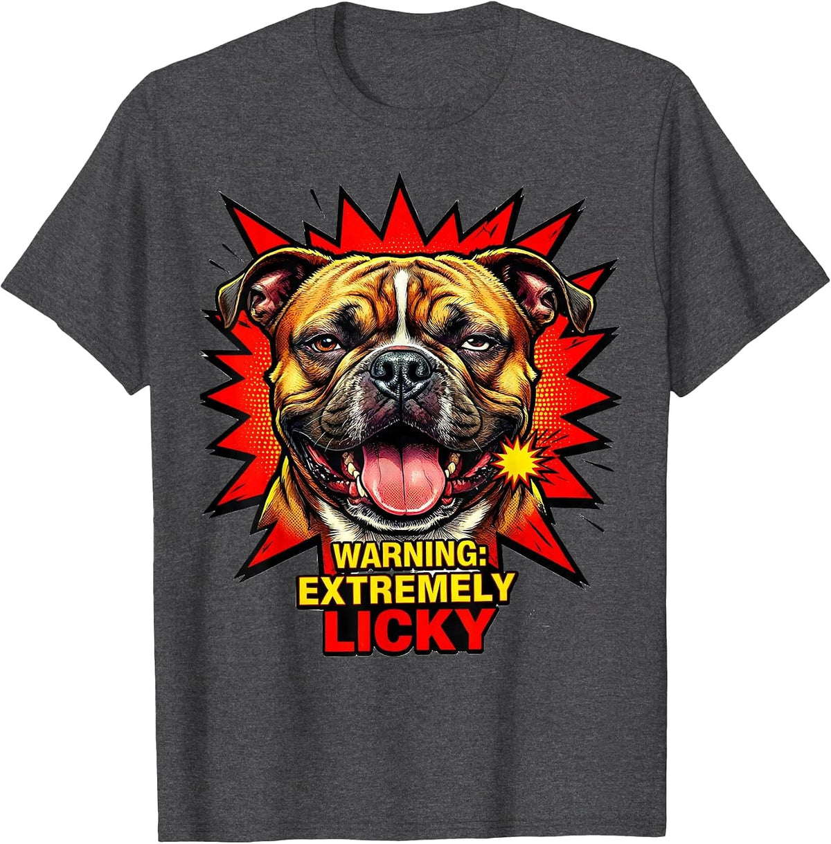 Warning Extremely Licky Funny Pitbull Mom Dog Lover Humor T-Shirt - Dark Heather Grey