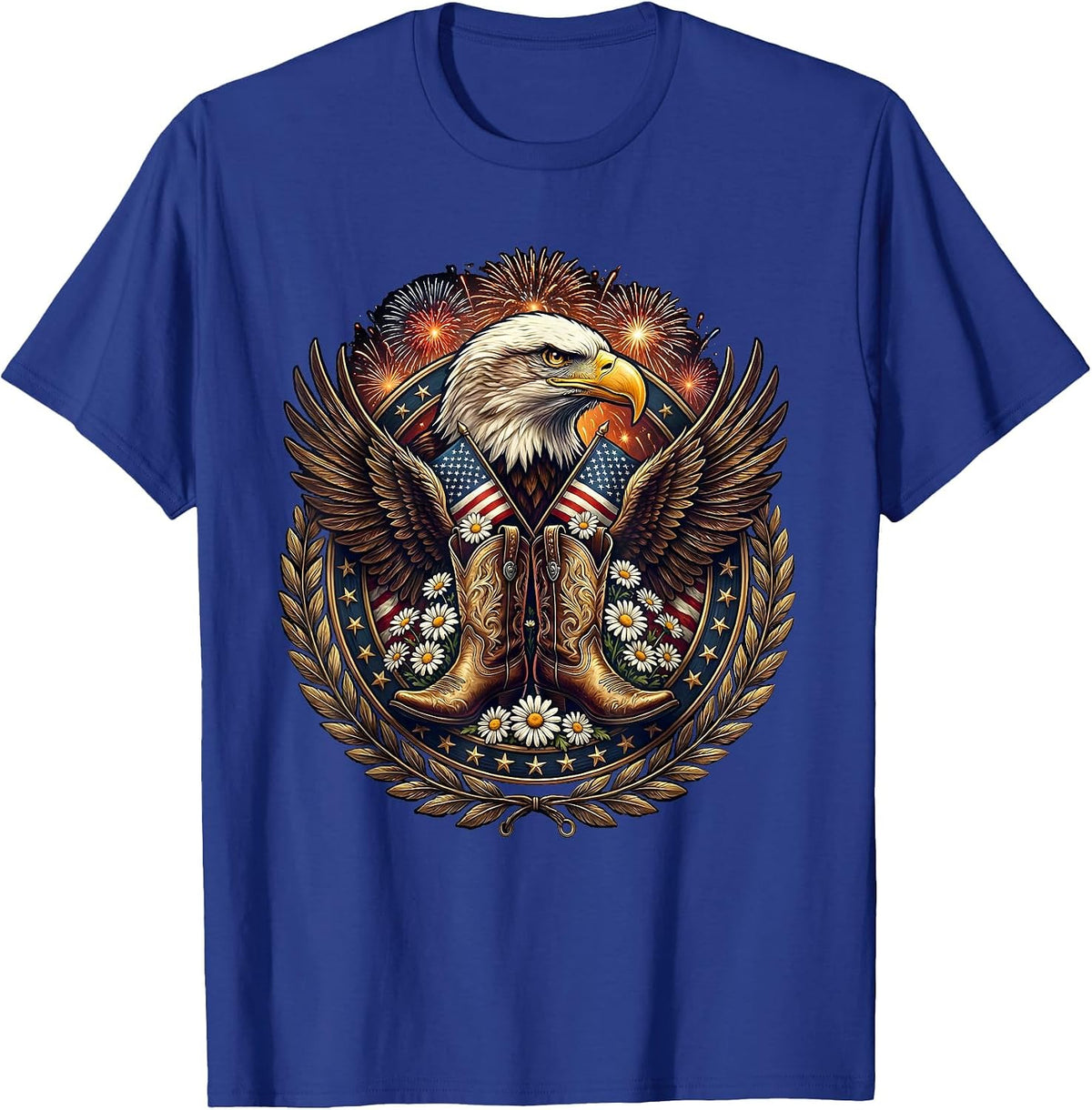 Men's Cowgirl Boots Spurs and Daisies Western Floral Art T-Shirt - Royal Blue