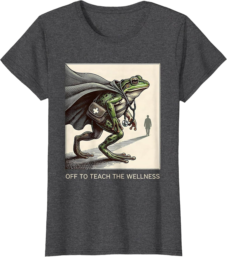 Women's Off To Teach The Wellness Funny Frog Teacher Back To School T-Shirt - Dark Heather Grey