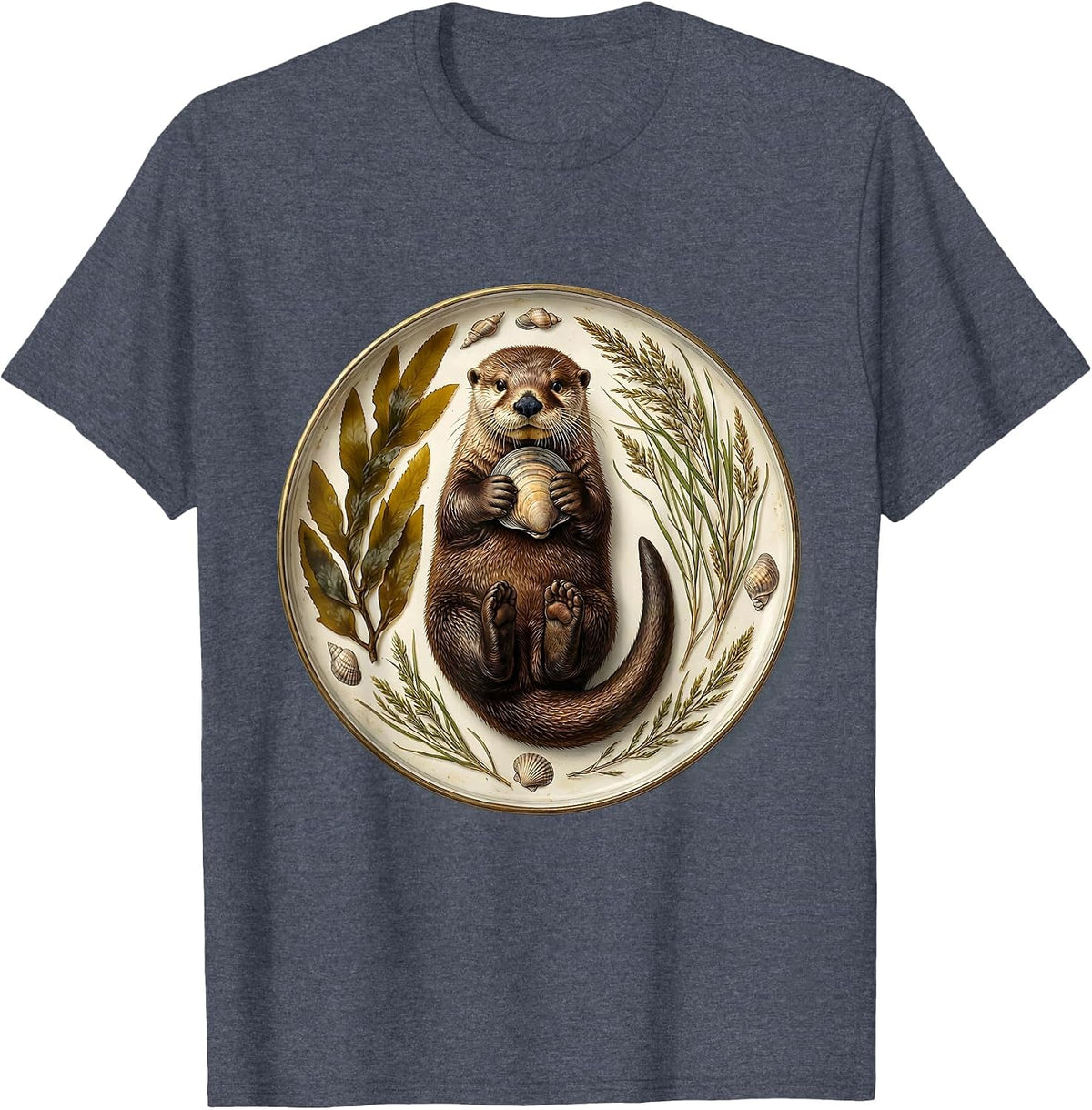 Otter Cracking Clam at Sunset Graphic T-Shirt - Heather Blue