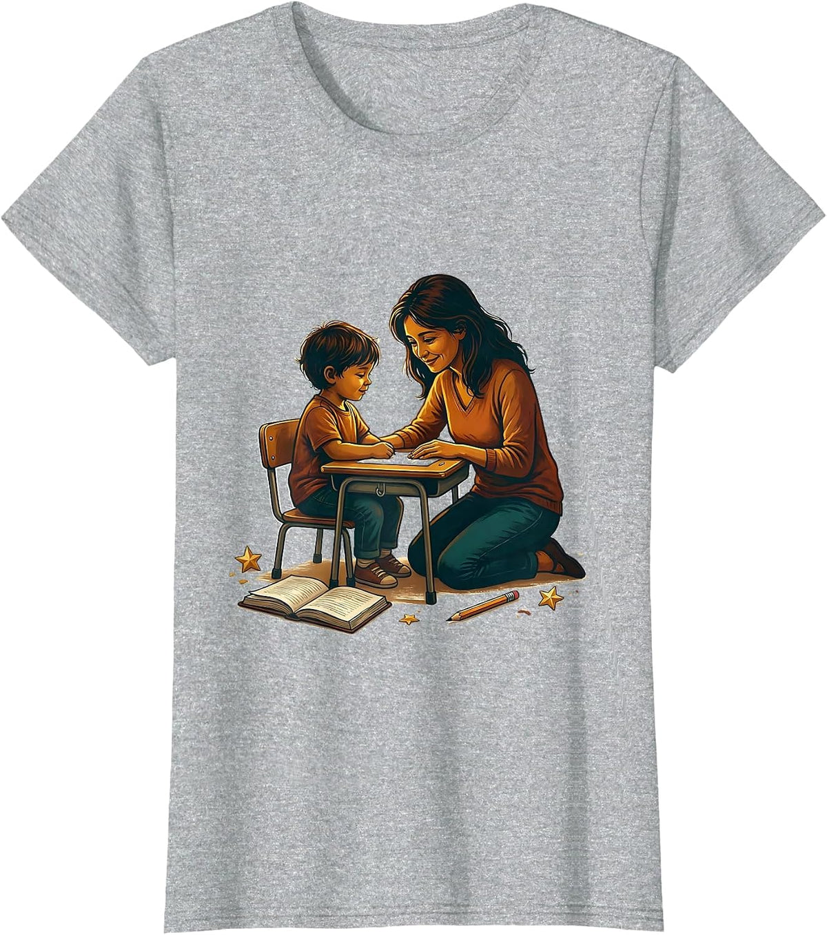Women's Special Education Teacher Kneeling With Student Desk T-Shirt - Heather Grey