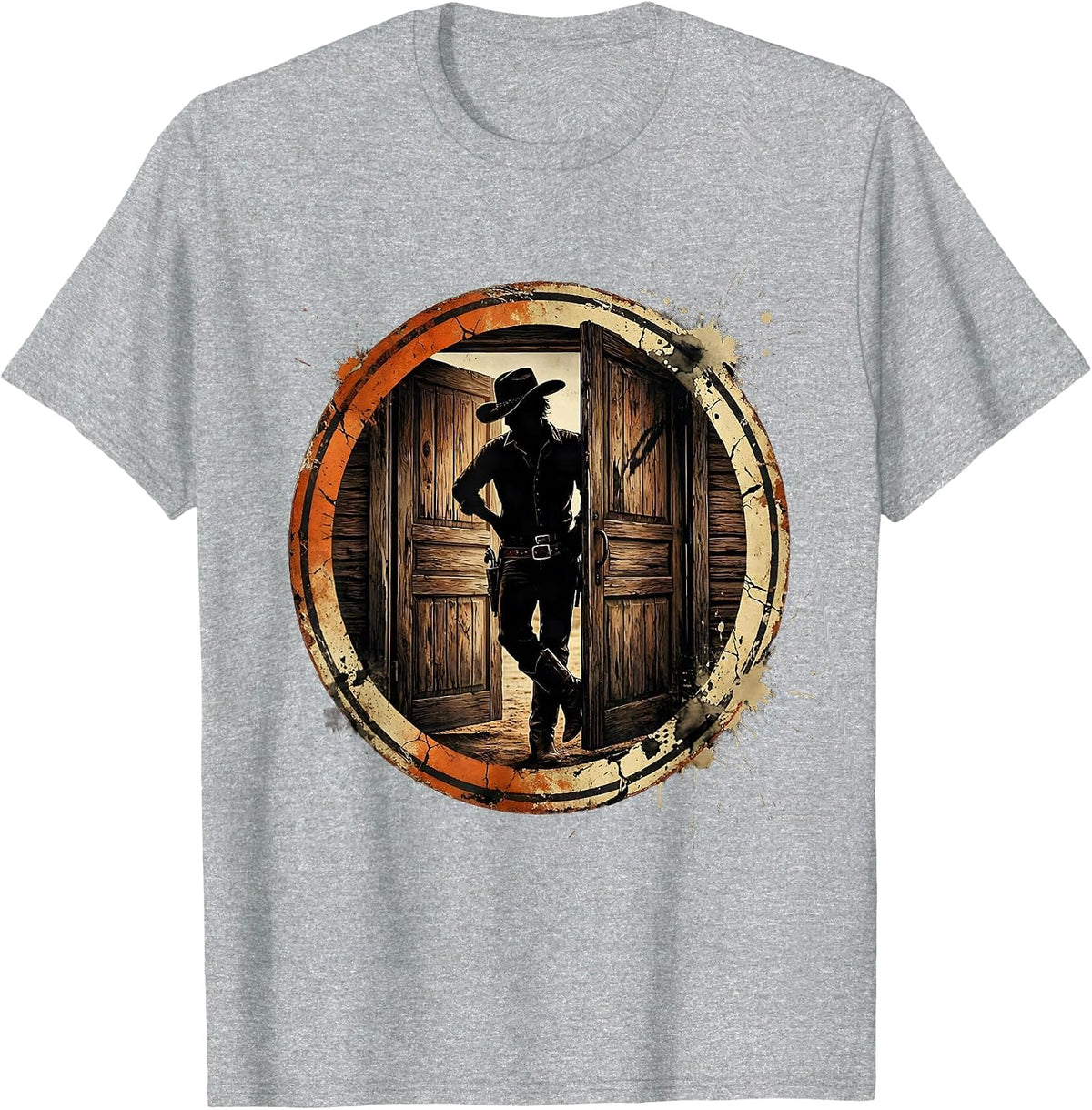 Men's Cowgirl Saloon Door Leaning Western Illustration T-Shirt - Heather Grey